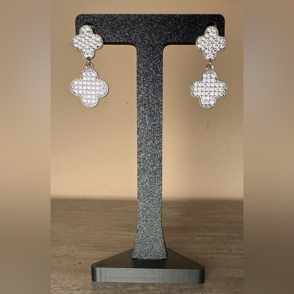 Elegant Silver Pave CZ Clover Drop Earrings - Picture 2 of 5